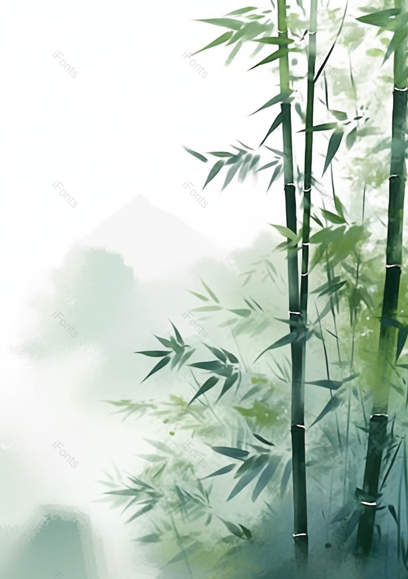 中国风水彩画彩色水彩插画山林深处的竹林竹子竹叶远处山峰雾气弥漫的背景插画,插画/手绘图,插画/手绘图库,插画/手绘图下载,插画/手绘